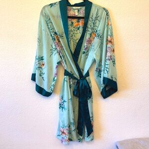 Soma Womens S/M Aqua Floral Chiffon Kimono Robe Bridal Boho Intimate